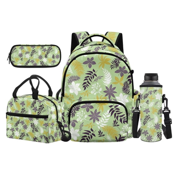 Jeiento Flowers 17 Inch Backpack Set 4-Piece Lunch Bag Pencil Case Water Bottle Holder Lightweight Large Capacity School Bookbag for Kids Boys Girls Students, Green