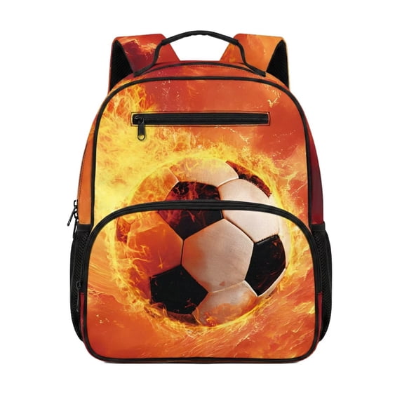 Jeiento Football 13.5" Preschool Bookbag, Cool Flame Large Capacity Toddler School Bag with Front Zipper Pockets, Dual Use Backpack for Boys Girls Outdoor
