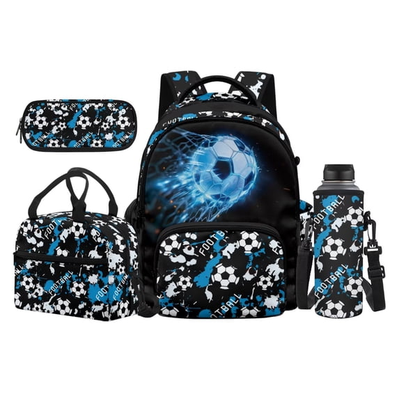 Jeiento Football 17 Inch School Backpack Set for Boys 4-Piece Lunch Bag Pencil Case Water Bottle Holder Lightweight Large Capacity Book Bag for Kids Elementary School