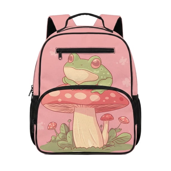 Jeiento Frog 13.5 Inch Kids Lightweight Preschool Backpack for Toddler Girls, Mushroom School Bag for 2-5 Year Old, 5 Compartment Bookbag, Pink