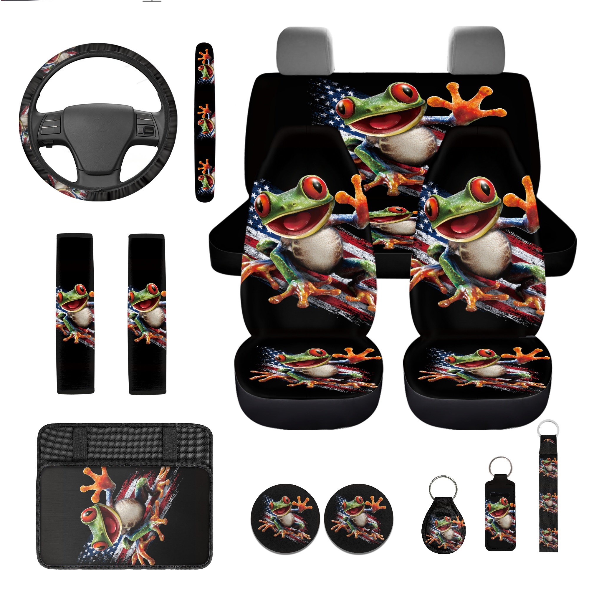 Jeiento Frog 13 Pcs Auto Seat Cover Sets Steering Wheel Cover Seatbelt Pad Universal Armrest Cover Pad Cup Holders American Flag Keychain Chapstick Holder for SUV Van Sedan Truck 4Th of July Decor
