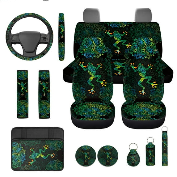 Jeiento Frog 13 Piece Car Seat Cover Set with Steering Wheel Cover Seatbelt Strap Pad Armrest Pad Boho Flower Cup Coasters Key Chain Green Automobile Interior Sets Fit for Van Trucks
