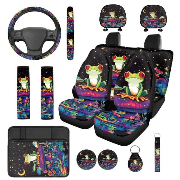 Jeiento Frog Car Seat Cover Full Set of 14 Mushroom Steering Wheel Cover Headrest Covers Seat Belt Strap Pads Cup Coasters Armrest Cover Pad Keychain Cute Automobile Accessories Decoration