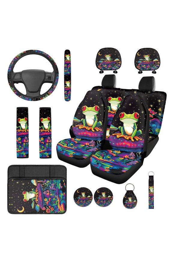Frog Car Seat Cover Full Set of 14 Mushroom Steering Wheel Cover Headrest Covers Seat Belt Strap Pads Cup Coasters Armrest Cover Pad Keychain Cute Automobile Accessories Decoration