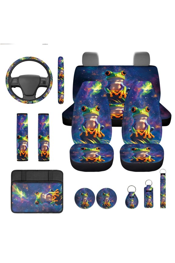 Frog Car Seat Cover Set of 13 Galaxy Sky Steering Wheel Cover Seat Belt Pad Car Coaster Armrest Cover Lip Gloss Bag Keychain for Truck Sedan Auto Accessories