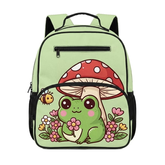 Jeiento Frog Kids Toddler Backpack for Preschool, Mushroom 13.5 Inch Lightweight School Bag for 2-5 Year Old, Bookbag with 2 Front & 2 Mesh Side Pockets, Green