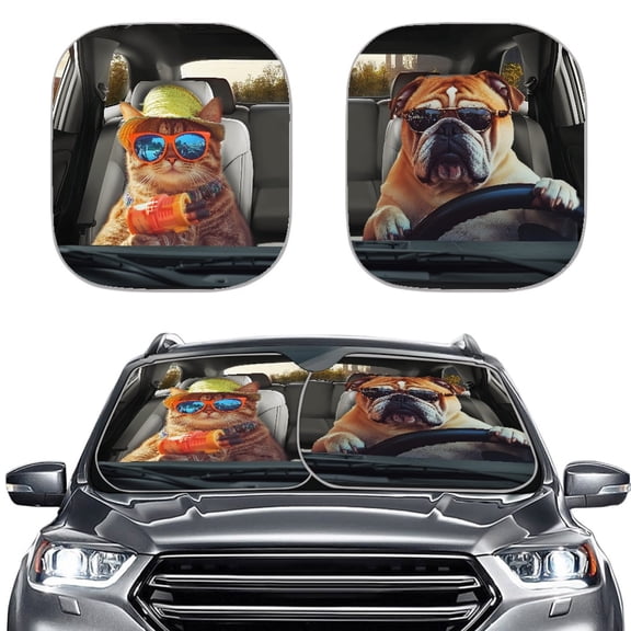 Jeiento Funny Cat and Dog Auto Sun Shades 2-Piece Foldable Car Windshield Sun Shade Personalized Removable Automotive Accessories Reflect UV Sun and Heat and Protect Your Car