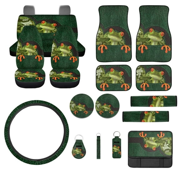 Jeiento Funny Frog Car Accessories Sets with Car Seat Cover Protector Car Floor Mats Auto Steering Wheel Cover Car Armrest Cover Seat Belt Pads Cup Coasters Keychains Lipstick Holder 17 Pack