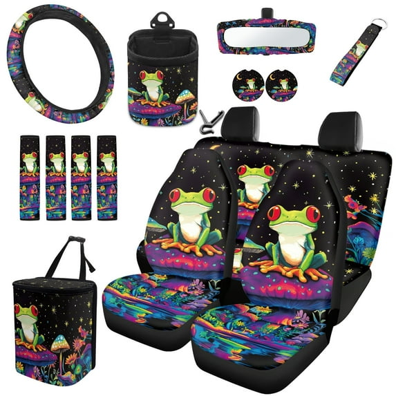 Jeiento Funny Frog Car Seat Covers Set of 15 Steering Wheel Covers Seat Belt Shoulder Pad Mushroom Vehicle Trash Can Automotive Vent Pouch Box Rear View Mirror Decorative Cover Coaster Keychain