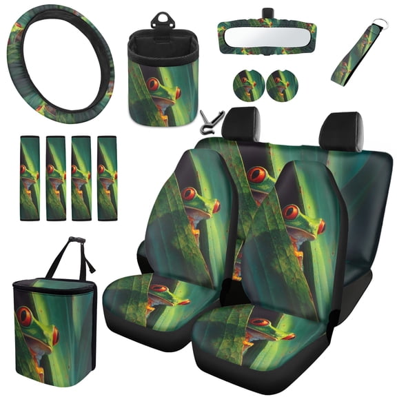 Jeiento Funny Frog Car Seat Covers Set with Steering Wheel Cover Seat Belt Cover Hanging Trash Bag Phone Case Box Holder Pocket Green Leaves Rear View Mirror Cover Cup Holder Car Keychain