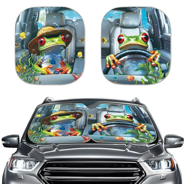 Jeiento Funny Frogs 2 Piece Foldable Car Windshield Sun Shade Front Windshield Shade for Sun Auto Interior Protector Auto Sun Heat and UV Rays Blocker for SUV Truck Van Sedans