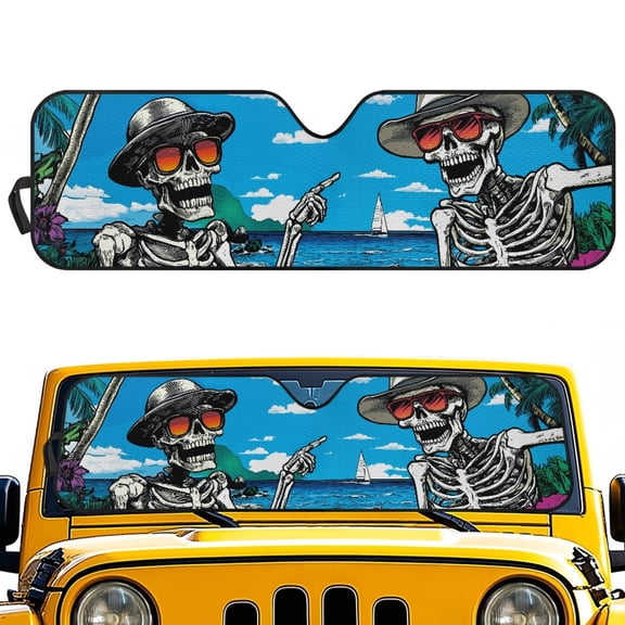 Jeiento Funny Skeleton Windshield Sun Shade Compatible with Wrangler JK JKU TJ, Foldable Windshield Sunshade Sun Visor Blocks UV Rays, Sun Shade Shield Protector