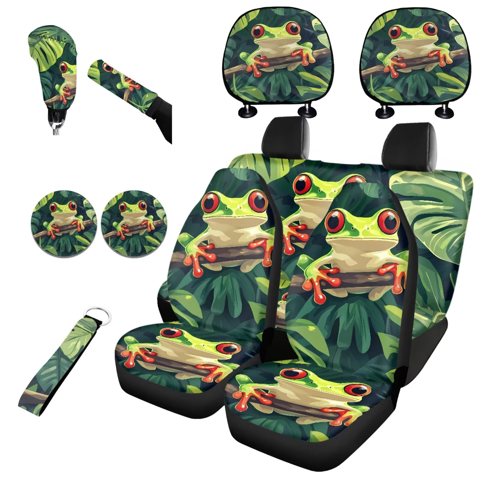 Jeiento Funny Tree Frog 11 Pieces Car Seat Cover Full Set, with Automotive Headrest Covers Coasters Gear Shift Knob Cover Handbrake Cover Keychain Universal Fit for SUV Truck Van Sedan