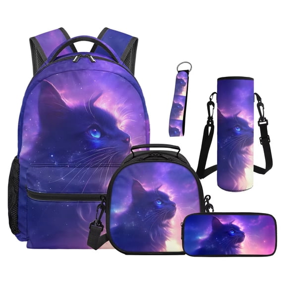 Jeiento Galaxy Backpack Set of 5 Cat 17 Inch Adjustable Padded Straps Backpack with Lunch Box Pencil Pouch for 9-12 Years Old Kids Middle School School Supply Set