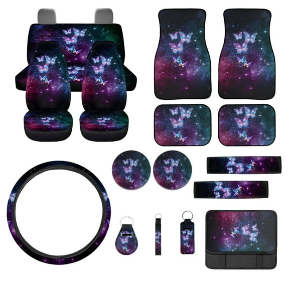 Jeiento Galaxy Butterfly Auto Seat Covers Floor Mats Center Console Pad Steering Wheel Cover Seat Belt Pads Cover Cup Cushions Keychain for Woman Men 17pcs Car Accessory for Most Car SUV Truck Sedan