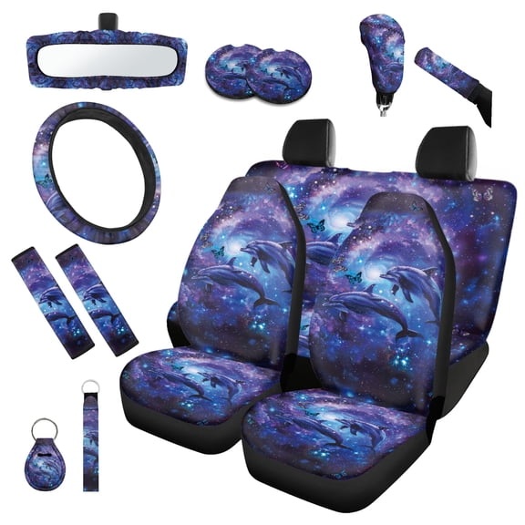 Jeiento Galaxy Dolphin Car Seat Cover Set 14 PCS, with Steering Wheel Cover Seat Belt Cushion Pad Gear Shift Knob Cover Set Rearview Mirror Cover Coasters Keychain for SUV Trucks Van Sedans