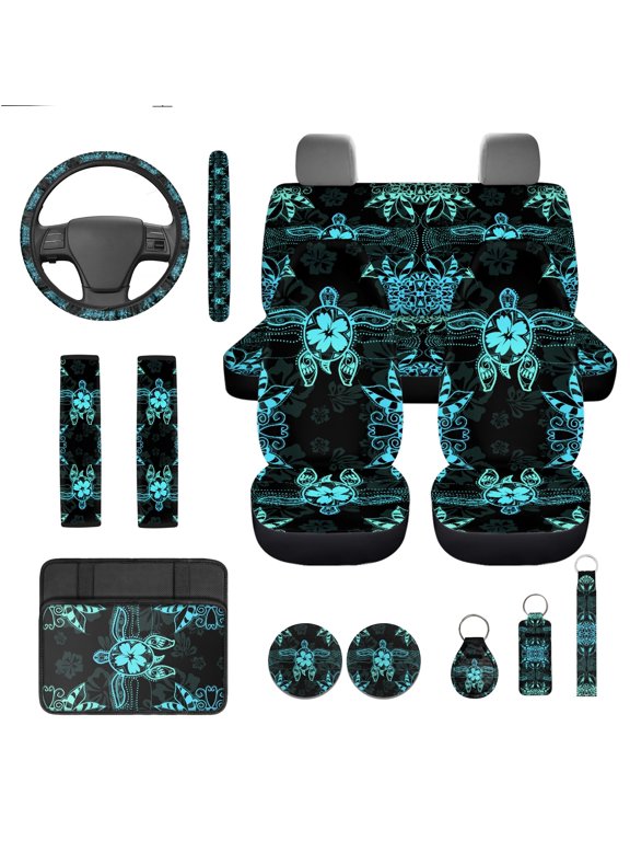 Galaxy Sky 13 Pcs Auto Seat Cover Sets Steering Wheel Cover Seatbelt Pad Universal Armrest Cover Pad Cup Holders Keychain for SUV Van Sedan Automobile Interior Sets