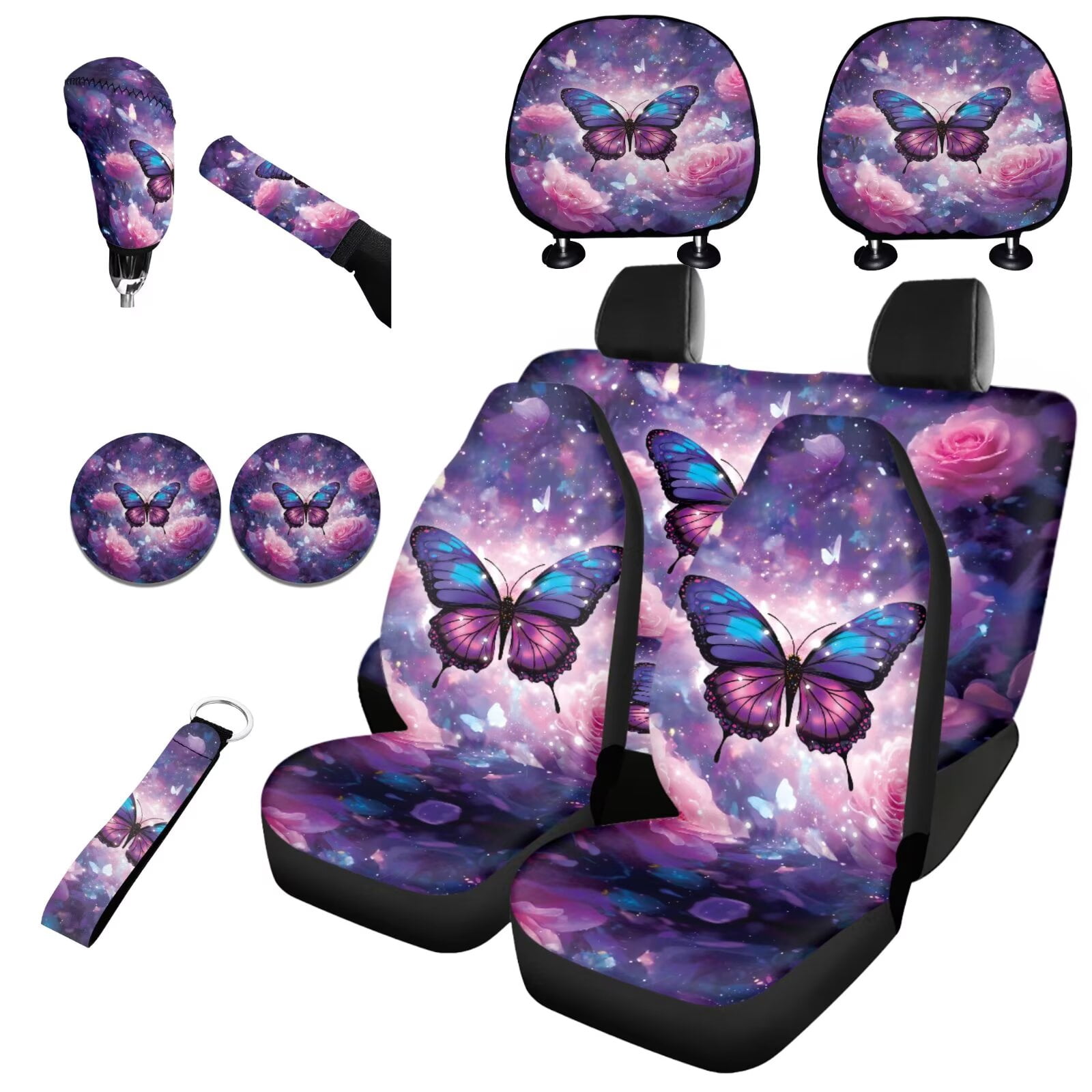 Jeiento Galaxy Sky Butterfly 11 Pack Car Seat Covers Set for Women Men, with Headrest Covers Keychain Coasters Gear Shift Knob Cover Handbrake Cover Universal Fit for SUV Truck Van
