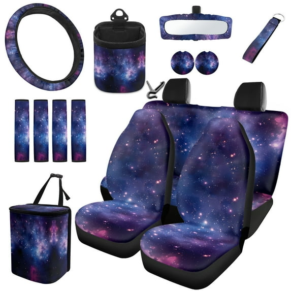 Jeiento Galaxy Sky Car Seat Covers Set 15 PCS Car Front Rear Seat Cover Steering Wheel Cover Seat Belt Covers Trash Bin Air Vent Storage Bag Rear View Mirror Cover Coasters Keychain Universal Fit