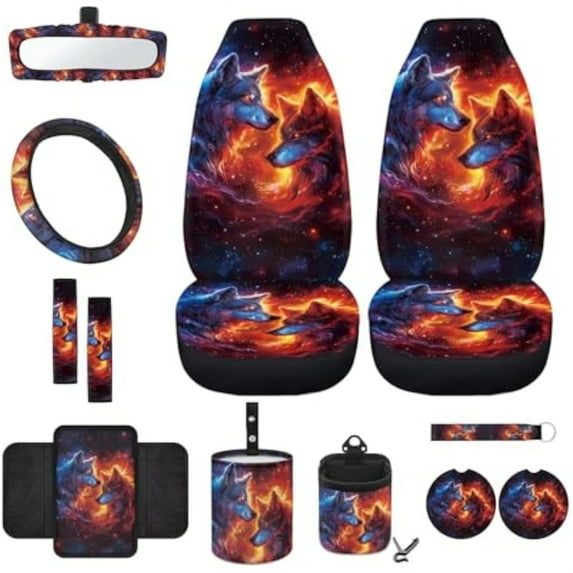 Jeiento Galaxy Wolf 12 Pack Car Seat Covers Full Set with Steering Wheel Cover Safe Belt Pads Armrest Pad Coasters Trash Can Rear View Mirror Cover Keychain Air Vent Storage Bag for Sedan Red Blue