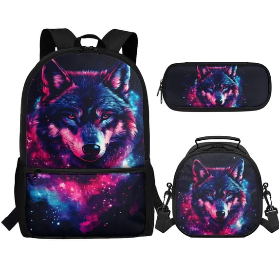 Jeiento Galaxy Wolf Backpack for Boys Lightweight Bookbag and Lunch Box Set Large Capacity School Bag with Lunchbag Pencil Case 2nd Grade Kindergarten Book Bag 3 in 1 Travel Daypack