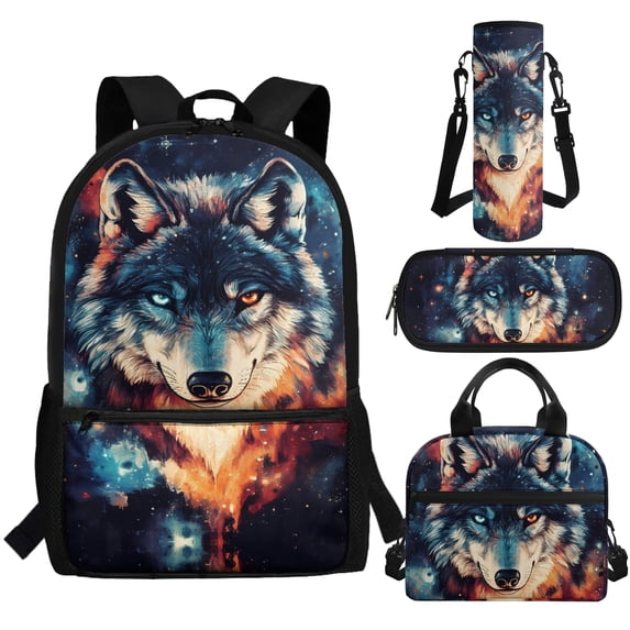 Jeiento Galaxy Wolf Backpack for School Boys 3rd/4th/5th Grade Kids Bookbag and Lunch Box Set Elementary School Bag Lunch Bag Pencil Case Bottle Holder Kindergarten Back Packs Satchel
