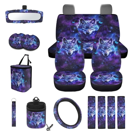Jeiento Galaxy Wolf Butterfly Car Seat Cover Full Set 15 PCS with Steering Wheel Cover Seatbelt Pads Coasters Garbage Bin Rear View Mirror Cover Key Chain Air Vent Storage Pouch Universal Fit