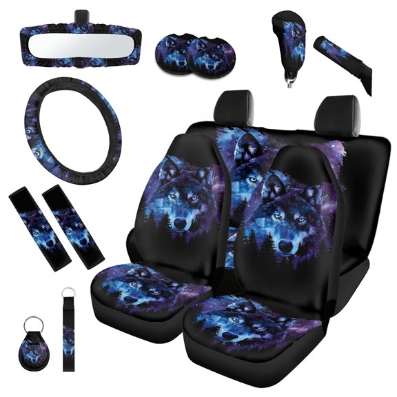 Jeiento Galaxy Wolf Car Seat Covers Full Set with Steering Wheel Cover Seatbelt Pads Coasters Keychains Auto Rear View Mirror Covers Handbrake Cover Set Automotive Accessory Universal Fit, 14 Pack