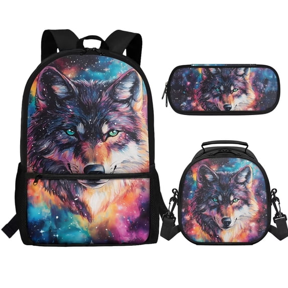 Jeiento Galaxy Wolf School Bags for Boys 7-10 10-12 Kids Backpack Set with Lunch Box Pencil Case Elementary School Back Pack Purse Preschool Kindergarten Bookbag Travel Daypack