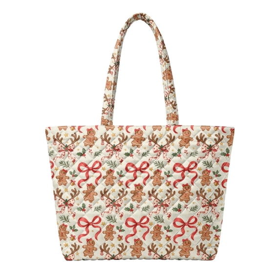 Jeiento Gingerbread Christmas Print Quilted Tote Bag for Women Large Capacity Shoulder Purse Handle Handbag for Holiday Shopping Work Travel Festive Gift
