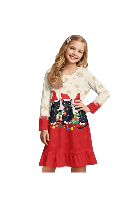Jeiento Girl Princess Nightie Merry Christmas Cat Nightgown Long Sleeve Pyjamas Dress Children Christmas Ruffle A-line Dress,Age 4-5
