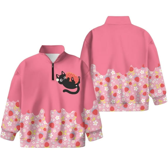 Jeiento Girls 1/4 Zipper Sweatshirts Cute Cat Sweatshirt Pink Strawberry Hoodie Casual Oversized Long Sleeve Pullover Fashion Winter Clothes,9-10Years