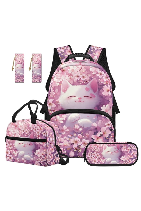Girls Backpack and Lunch Box Set 4 Piece 17 Inch Cherry Blossom Cat Backpack Set with Pencil Case Bookmarks, Water-Resistant Polyester Daypack for School Travel Hiking