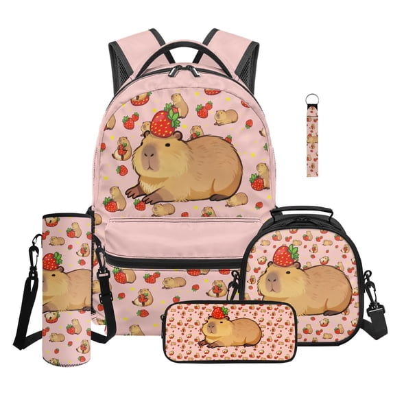 Jeiento Girls Backpack And Lunch Box Set Water Resistant School Backpack with Padded Straps Boys Bookbags 5Pcs Back to School Supplies, Strawberry Capybara