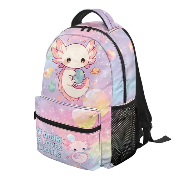 Jeiento Girls School Backpack 16 Inch Space Axolotl Lightweight Water-Resistant Polyester Bookbag with Multiple Pockets for Elementary School, Casual Travel Daypack