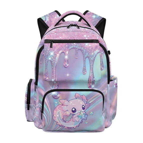 Jeiento Glowing Axolotl Kids Backpack for School 17 Inch Large Capacity Water-Resistant Polyester School Backpack for Elementary Girls Multi-Pocket Lightweight Adjustable Straps Daypack