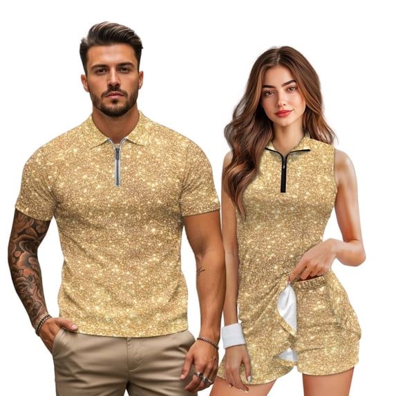 Jeiento Gold Glitter His and Hers Matching Golf Outfit Set Women's Sleeveless Quick Dry Golf Tennis Dress with Built-in Shorts Pockets Men's Short Sleeve Slim Fit Golf Shirt for Summer Sport