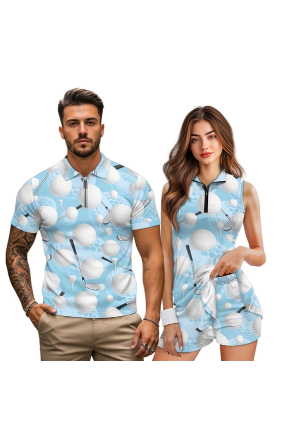 Golf Ball Print His and Hers Matching Couple Golf Outfit Men Quick Dry Short Sleeve Shirt Women Sleeveless Tennis Dress with Built-In Pockets Shorts for Hiking Tennis Outdoor Sports