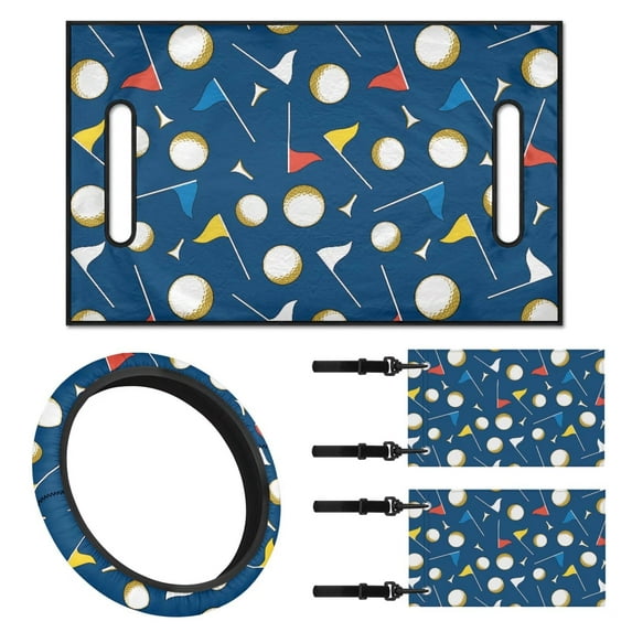 Jeiento Golf Balls Pattern Golf Cart Accessories Set 4 Pack Golf Cart Seat Cover Golf Cart Steering Wheel Cover Golf Cart Flags Golf Cart Seat Cushions Cover Steering Wheel Cover Golf Cart Banner