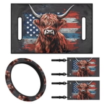 Jeiento Golf Cart Seat Cover 4 Pack with Steering Wheel Cover and Golf Cart Flags Highland Cow U.S. Flag 2 Seat Golf Cart Cushion Cover Steering Wheel Cover Accessories Club Car Flags