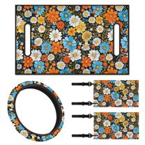 Jeiento Golf Cart Seat Cover 4 Piece with Steering Wheel Cover and Golf Cart Flags Daisy Golf Cart Seat Towel Blanket Steering Wheel Cover Decorations 2PCS Mini Golf Cart Flags