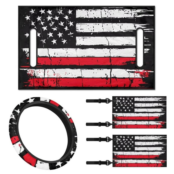 Jeiento Golf Cart Seat Cover 4 Set with Steering Wheel Cover and Golf Cart Flags American Honoring Firefighter Flags Steering Wheel Cover Protector 2 PCS Flags Golf Cart Seat Protector