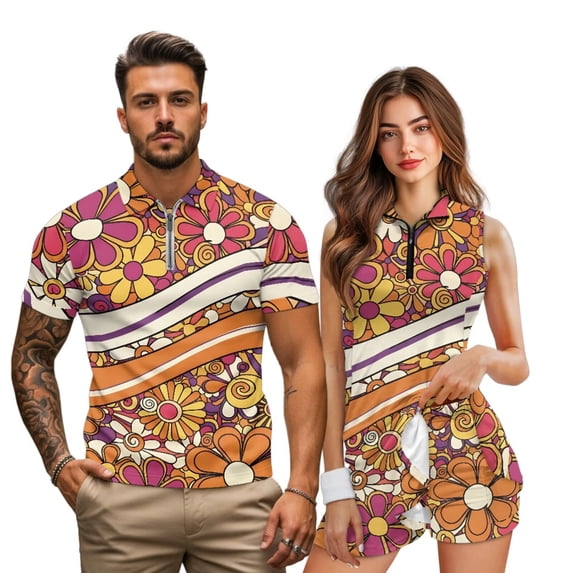 Jeiento Golf Dresses for Women with Built in Shorts Pockets Men's Wrinkle Free Shirt Hippie Retro Floral His and Hers Matching Couple Activewear Set