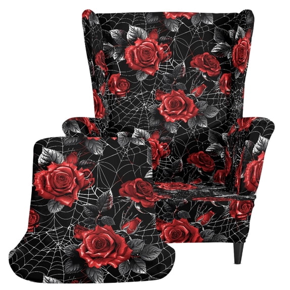Jeiento Gothic Red Rose Spider Web Wing Back Chair Slipcover 2 Piece, Washable Furniture Protector for Living Room Bedroom Holiday Party Decor Pet Friendly