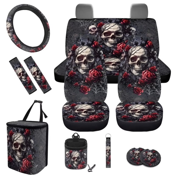 Jeiento Gothic Skull 12 Pieces Car Seat Cover Set with Car Seat Covers Steering Wheel Cover Seat Belt Strap Pads Rose Garbage Organizer Spider Web Air Vent Bag Coasters Key Chain