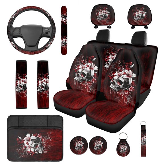 Jeiento Gothic Skull Car Front Back Seat Covers Steering Wheel Cover Armrest Cover Pad Seat Belt Pads Headrest Covers Coasters Keychain Universal Fit, 14 PCS Automobile Accessories Decor