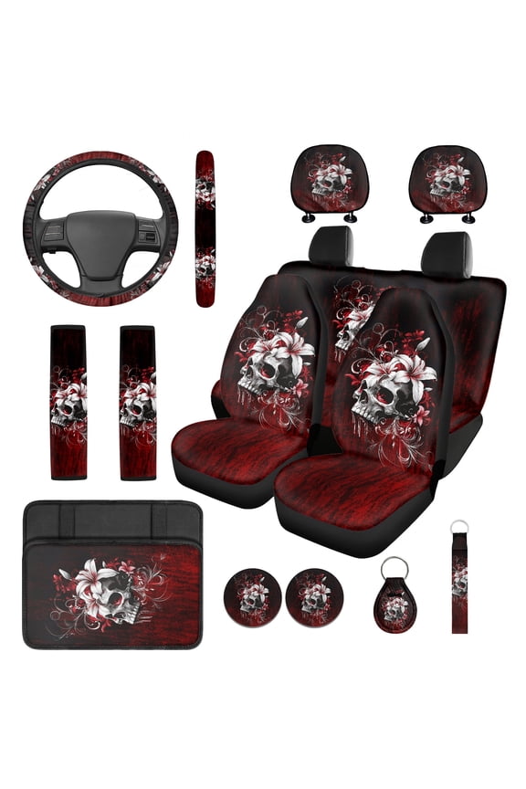 Gothic Skull Car Front Back Seat Covers Steering Wheel Cover Armrest Cover Pad Seat Belt Pads Headrest Covers Coasters Keychain Universal Fit, 14 PCS Automobile Accessories Decor