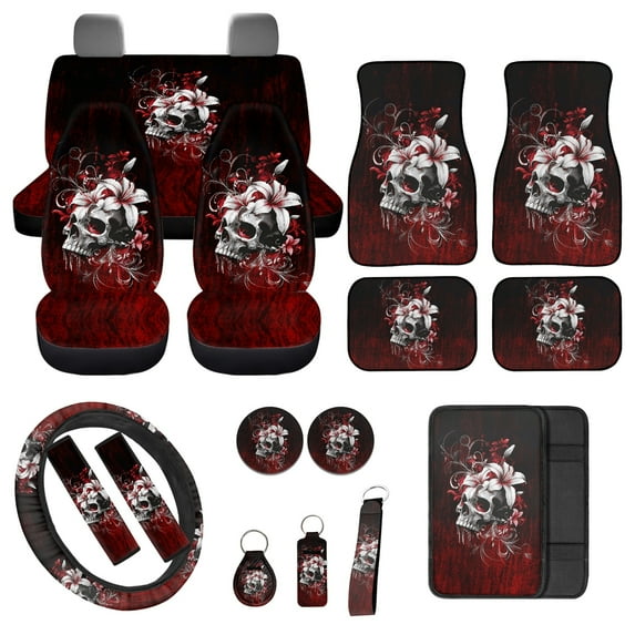 Jeiento Gothic Skull Car Seat Cover Full Set Car Floor Mat, Seat Belt Cover, Steering Wheel Cover 17 Pieces Car Accessories Universal Fit for Car SUV Truck Sedan Van, Red