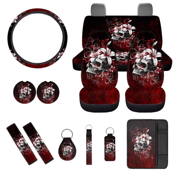 Jeiento Gothic Skull Car Seat Cover Full Set with Steering Wheel Cover Seat Belt Pads Armrest Pad Coasters Keychain Lipstick Holder 13 PCS Auto Accessory Decor Fit for Most Cars SUV Van Sedan