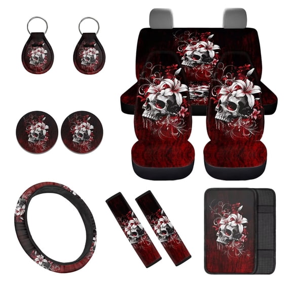 Jeiento Gothic Skull Car Seat Cover Sets Full Set 12 Pcs High Back Front and Back Seat Covers with Steering Wheel Cover Armrest Cushion Seatbelt Pads Universal Fit Truck Sedan SUV